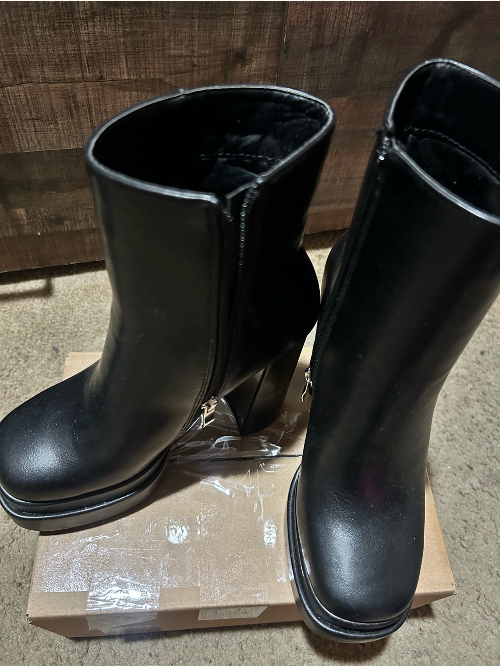 Black Platform Ankle Boots with Zip and Block Heel